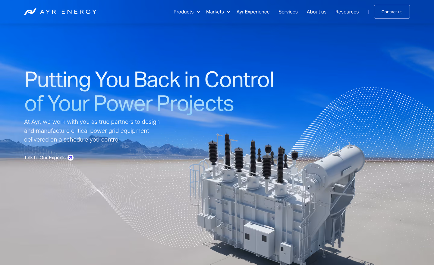 Ayr Energy website, the home page, with the transformer we modelled