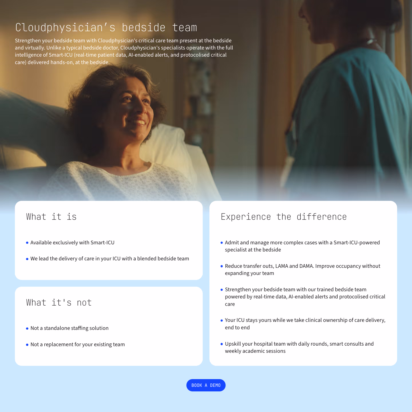 Cloudphysician website, the bedside team, set out as what it is and what it is not