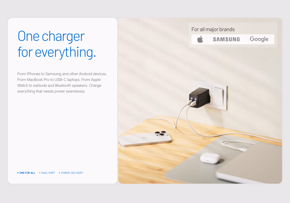 Cuzor website, one charger for everything, staged as a render rather than a photograph