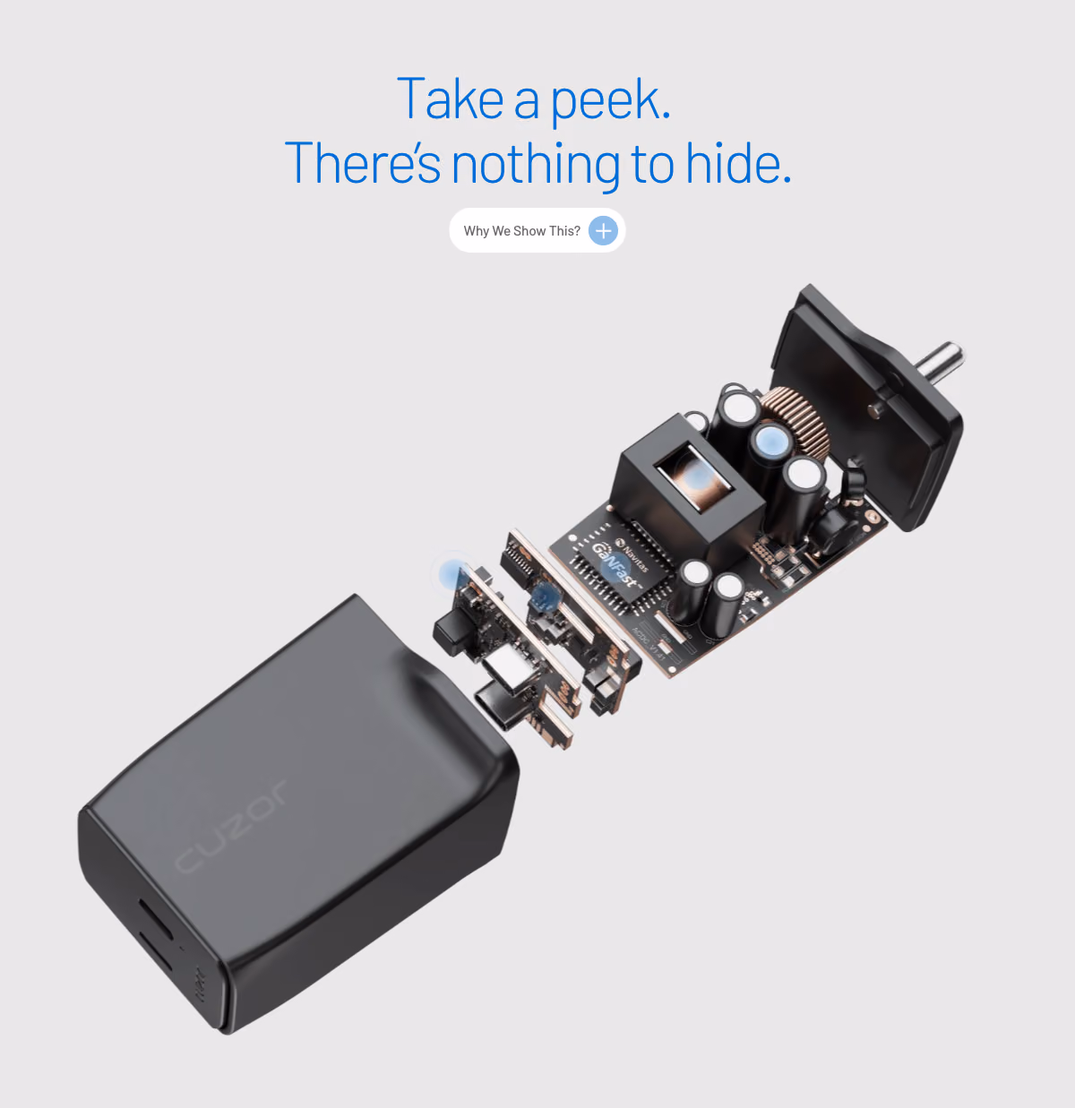 Cuzor website, the charger opened up. board, transformer, gan chip and housing, held apart in a way no camera could hold them