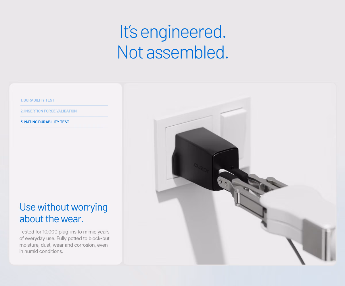 Cuzor website, the durability rig, arguing the engineering claim with a test rather than an adjective