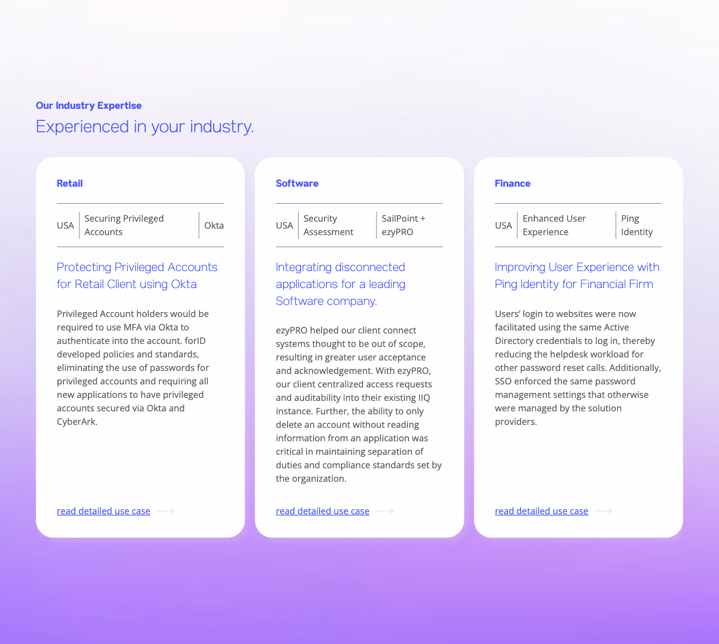 Fortuna Identity website, three industry cases, each naming the product used