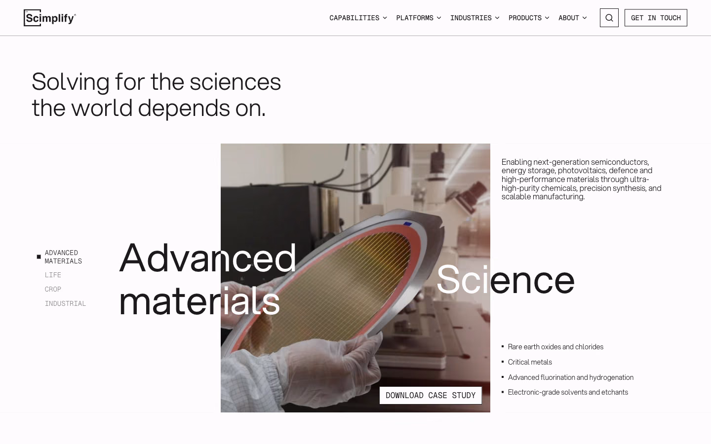 Scimplify website, four sciences, starting with advanced materials
